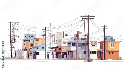 A stylized vector illustration depicting a dense urban landscape.  The image features numerous small, closely packed houses and buildings, with a network of electricity poles and power lines