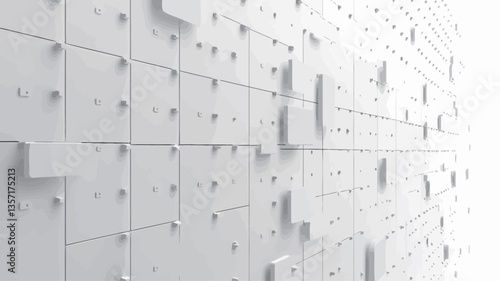 The image displays a repeating pattern of slightly raised, square and cubic shapes in varying sizes, creating a three-dimensional effect against a white background. The shapes are uniformly white,