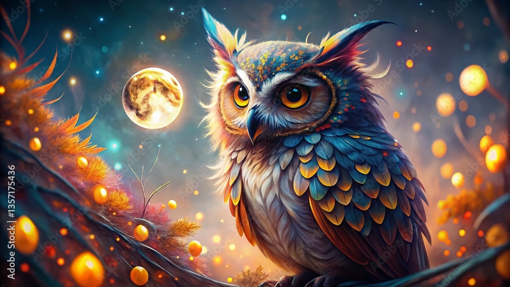 Obraz premium Artistic Bokeh Owl Painting - Whimsical Night Bird Portrait with Soft Focus Background