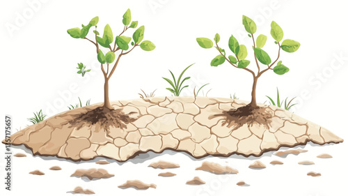 Illustration depicting two young saplings with visible roots emerging from a mound of dry, cracked earth. The soil is light beige with deep cracks indicating dryness.  The saplings have small,