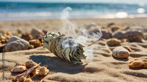 A close-up view of a burning dried white sage smudge stick, releasing smoke traditionally used for spiritual cleansing and purification rituals. The smoke drifts gently against a dark or neutral backg