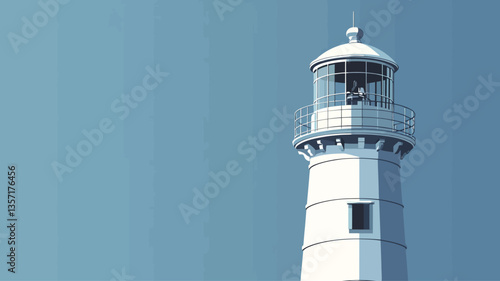 Close-up view of a white lighthouse against a clear, light blue sky. The lighthouse is depicted in a simplified, almost graphic style.  The image focuses on the upper portion of the lighthouse,