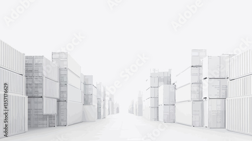 The image presents a minimalist, abstract representation of a shipping container yard.  The containers are depicted in pure white, creating a monochrome palette. The perspective is a long shot down