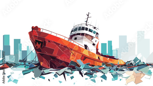 A stylized illustration depicts a red and white tugboat partially submerged in a field of fragmented geometric shapes representing debris. The tugboat is rendered in a low-poly or polygonal style