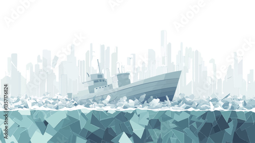 The image depicts a stylized illustration of a ship partially submerged in a field of ice floes.  The style is low-poly or polygonal, with a simplified geometric representation of the ship and ice.