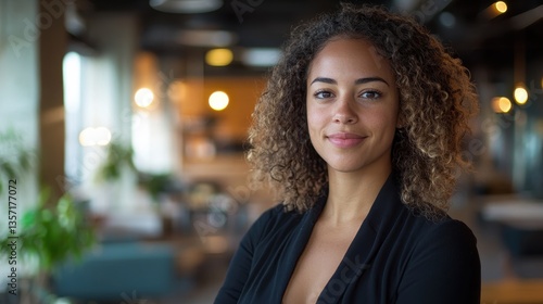 Wallpaper Mural Portrait of a Smiling Young Woman with Curly Brown Hair in a Modern Office Setting Torontodigital.ca