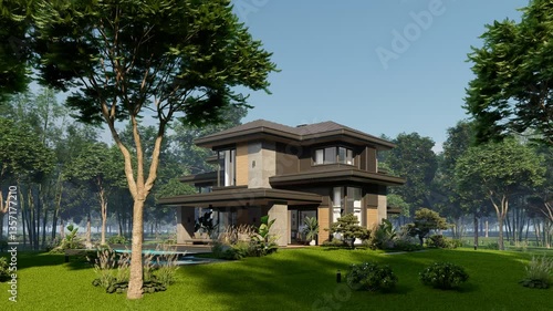 4K video rendering of modern two story house with gray and wood accents, large windows for sale or rent in luxurious style. Clear sunny summer day with blue sky.