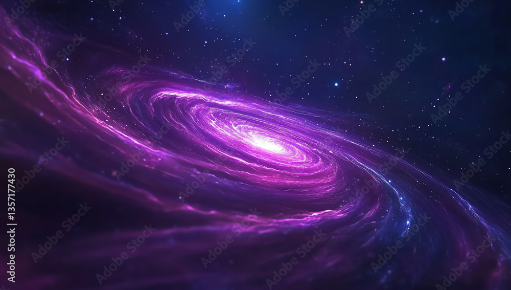 Obraz premium Abstract purple swirl background with a glowing center and a space-themed background, dark blue background.
