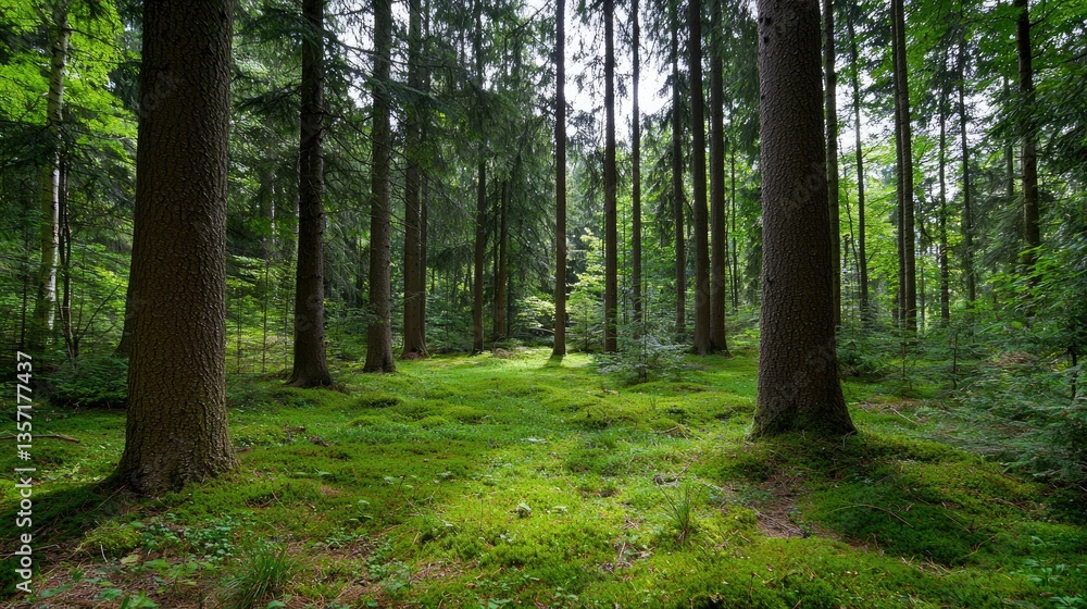 Fototapeta premium Peaceful forest understory, soft green moss thriving under tall trees