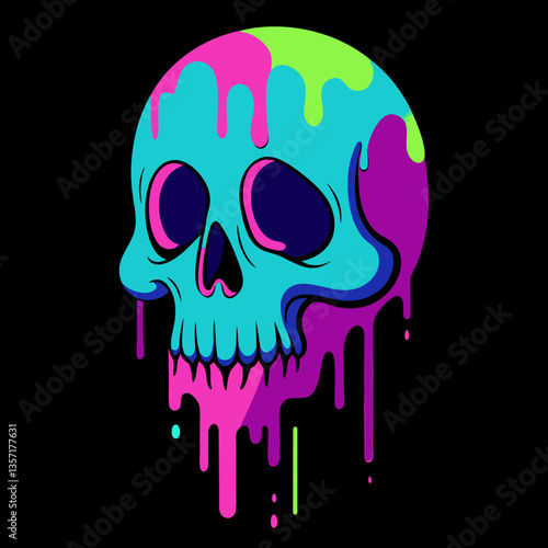 Dripping spray paint skull with neon highlights vector design