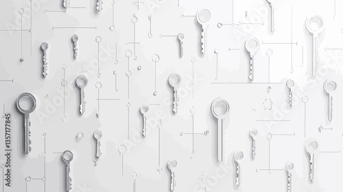 The image features a repeating pattern of stylized keys on a white background. The keys are rendered in varying shades of light gray, appearing almost embossed or subtly textured. The background