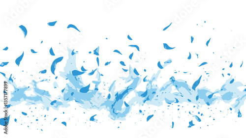 The image presents an abstract depiction of a blue water splash against a white background. The splash is composed of numerous small, irregularly shaped blue particles and droplets, varying in size