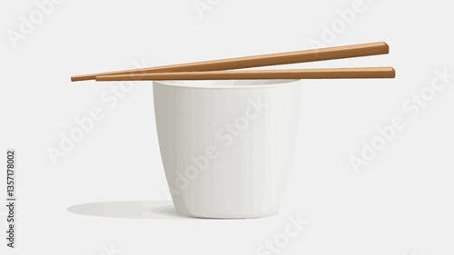 A studio shot against a white background depicts a pair of light brown wooden chopsticks resting on the rim of a plain white ceramic bowl. The bowl is cylindrical with a slight curve at the base