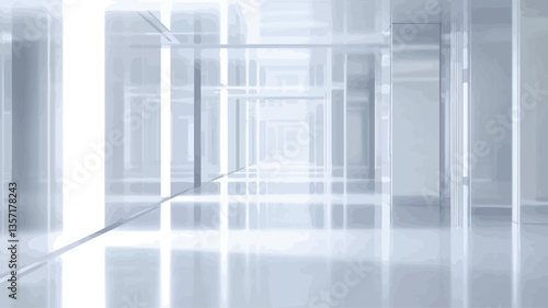 The image depicts a digitally rendered abstract interior space.  The scene is dominated by a monochromatic white color palette.  The composition features a series of intersecting vertical and