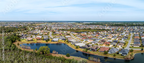 Aerial panoramic view of suburban community in Ocala, Florida, USA. March 23, 2025. 