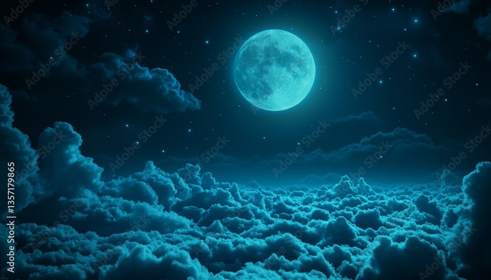 Fototapeta premium Mystical Night Sky Full Moon Illuminating Fluffy Clouds, Stars Twinkling in Dark Blue