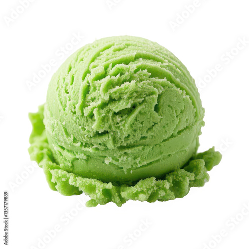 Creamy green tea ice cream scoop with vibrant pastel green color and soft swirls isolated on transparent background