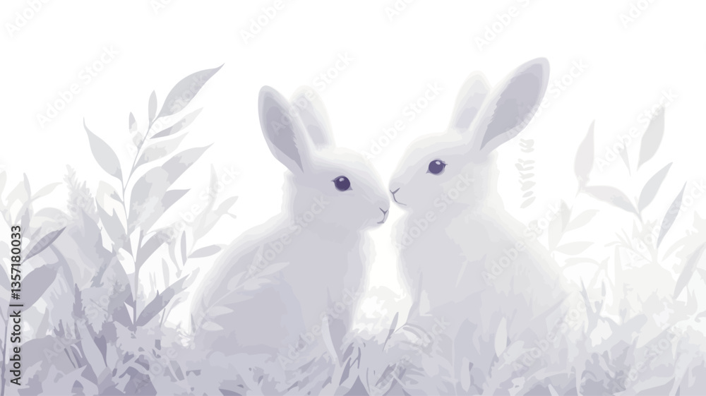 Obraz premium The image shows two white rabbits, seemingly young, positioned close together in a meadow. The rabbits are the focal point, sharply focused against a softly blurred background. The background