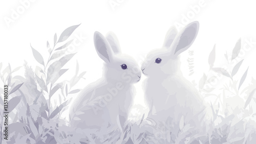 The image shows two white rabbits, seemingly young, positioned close together in a meadow.  The rabbits are the focal point, sharply focused against a softly blurred background. The background
