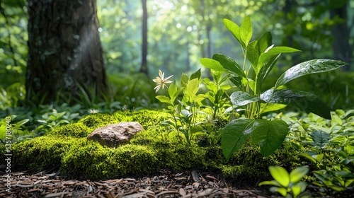 Serene forest floor with vibrant moss, intricate natural patterns in soft light