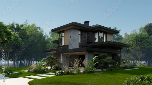 4K video rendering of modern two story house with gray and wood accents, large windows for sale or rent in luxurious style. Clear sunny summer day with blue sky.