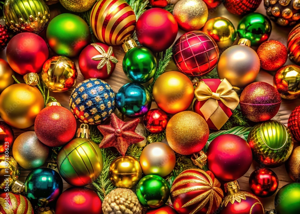 Festive Holiday Pattern Background: Candid Photo of Colorful Ornaments and Decorations Festive Holiday Pattern Background: Candid Photo of Colorful Ornaments and Decorations