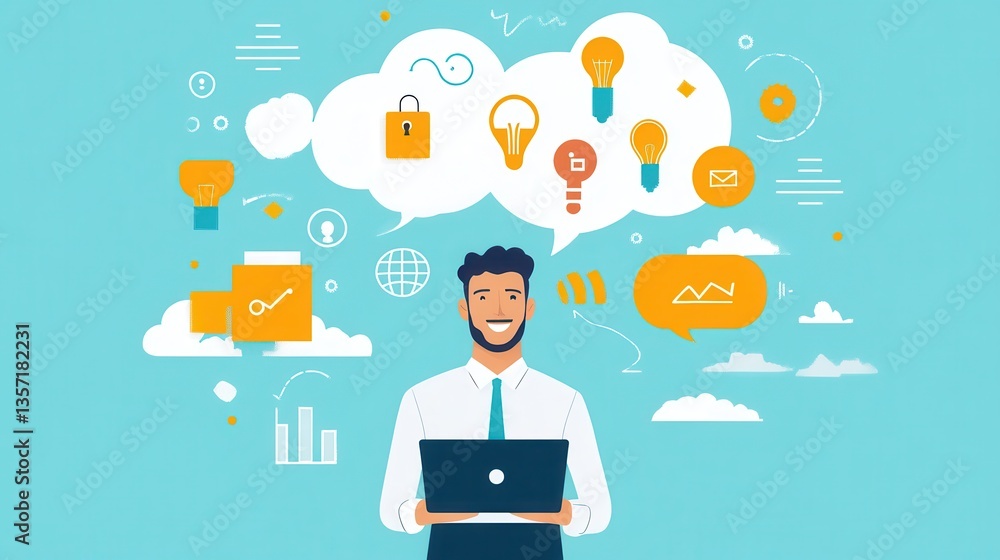 Smiling Businessman Brainstorming Ideas on Laptop, Blue Background Smiling Businessman Brainstorming Ideas on Laptop, Blue Background