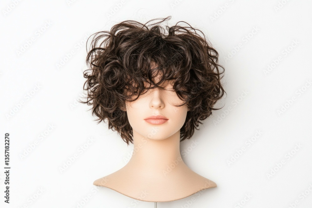 Curly hairstyle mannequin with voluminous curls against a white background, showcasing fashion forward styles for modern aesthetics Curly hairstyle mannequin with voluminous curls against a white background, showcasing fashion forward styles for modern aesthetics
