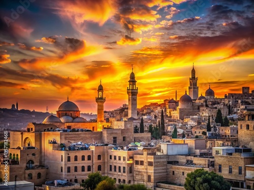Bethlehem Skyline Silhouette at Sunset - Panoramic Cityscape Stock Photo