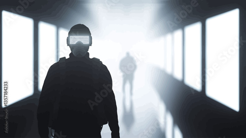 The image shows a dark, silhouetted figure wearing a helmet or mask, walking down a long corridor. The corridor is lit by bright, rectangular light sources on either side, creating a stark contrast