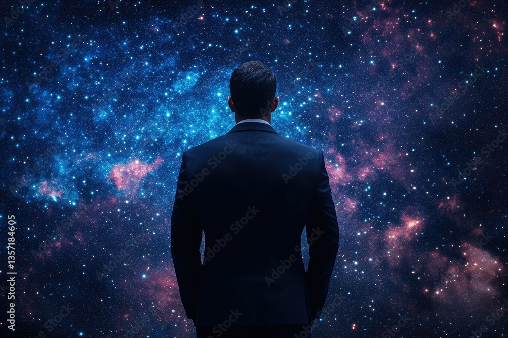 A businessman stands before a vast, star-filled cosmos, contemplating the universe's mysteries. A businessman stands before a vast, star-filled cosmos, contemplating the universe's mysteries.