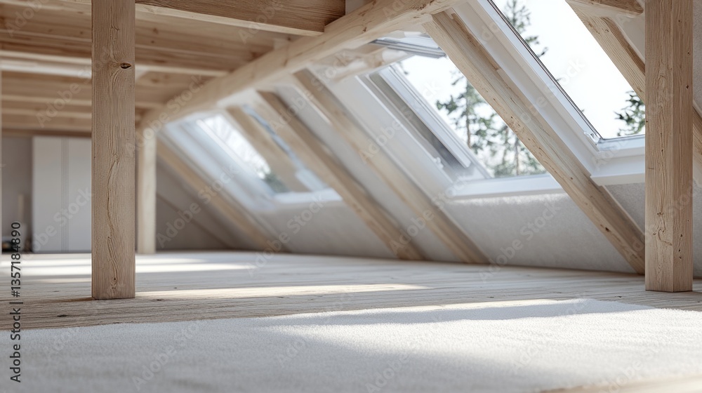 Obraz premium interior view of an attic with wooden beams and sunlight streaming through windows.