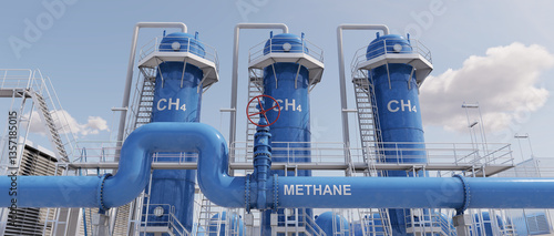 Methane extraction plant isolates methane from natural gas by removing impurities such as water vapor, carbon dioxide. 3D illustration.