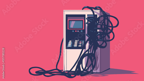 A vector illustration depicting a retro-styled off-white computer or server unit, featuring a small screen and various buttons, is shown against a solid pink background.  A large mass of