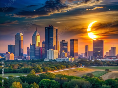 Wallpaper Mural Frisco Texas Solar Eclipse: Partial Eclipse Over City Skyline Torontodigital.ca