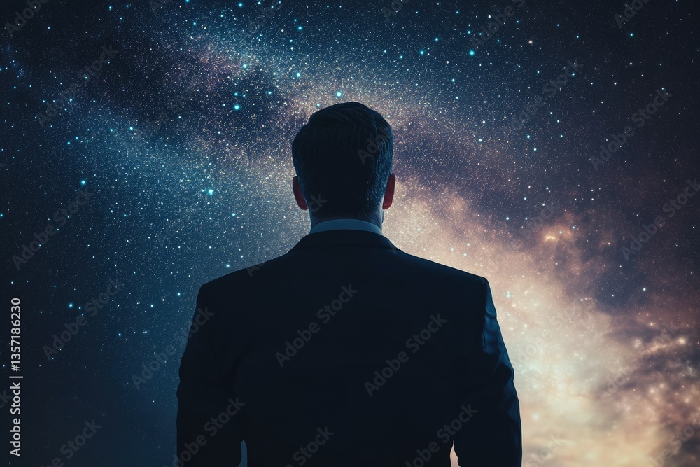 A businessman gazes at the vast, starlit night sky, contemplating the universe's mysteries.