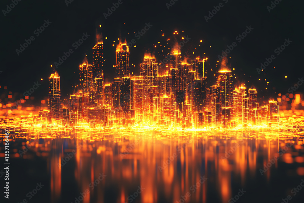 Fototapeta premium Vibrant city skyline illuminated by fiery lights reflecting on calm water at night