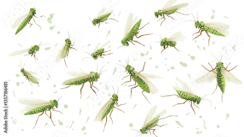 The image shows numerous small, pale green insects scattered across a plain white background. The insects appear to be similar in size and shape, with translucent wings and visible legs.  The