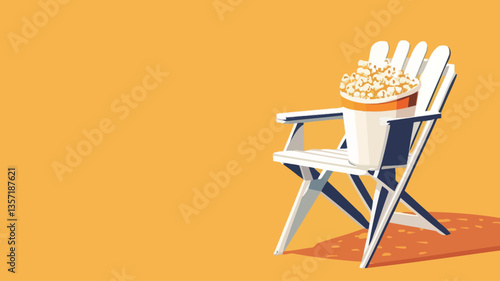 A digital illustration depicting a white beach chair with a bucket of popcorn resting on the seat. The chair is positioned on a yellow background, casting a shadow. The style is simple and flat,