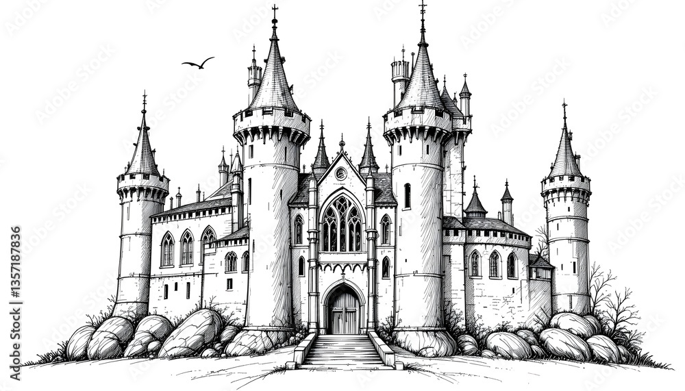 Fototapeta premium Majestic castle sketch with fine lines, grand towers, and medieval charm.
