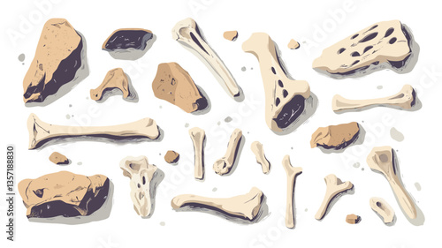 A digital illustration depicting a collection of scattered animal bones and fragmented rocks against a plain white background. The bones are rendered in varying sizes and shapes, showcasing