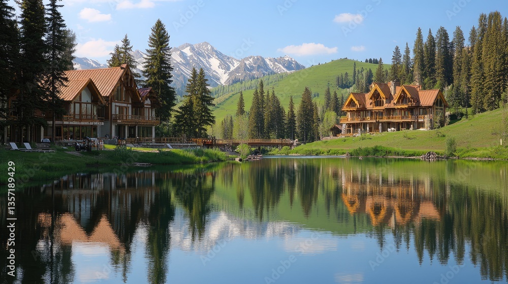 Naklejka premium Luxury Mountain Lake Lodges: Serene Reflection in the Rockies