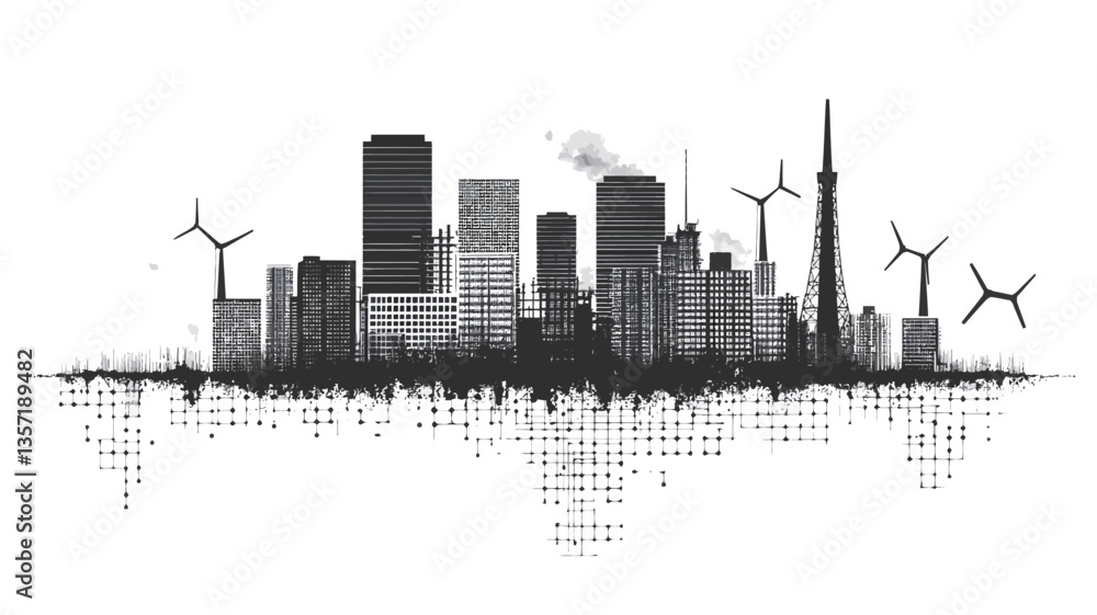 Fototapeta premium The image presents a stylized, monochrome illustration of a city skyline. The skyline is depicted in shades of gray, ranging from dark to light, suggesting a sense of depth. Various building