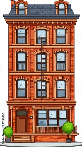 Brick apartment building, city street, residential, illustration, real estate