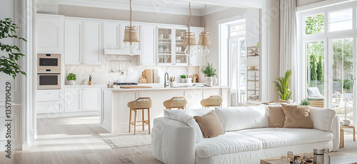 Spacious and luxurious white kitchen with modern appliances, seamlessly flowing into a stylish living room in an expansive, high-end home.