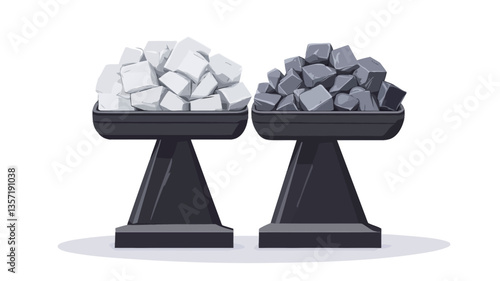 The image shows two identical dark gray scales.  Each scale holds a pile of cubes; one pile consists of white cubes, and the other pile consists of gray cubes. The cubes are irregularly stacked,