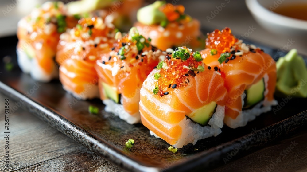 Close-up shot of sushi rolls with salmon and caviar arranged on a black plate. Close-up shot of sushi rolls with salmon and caviar arranged on a black plate.