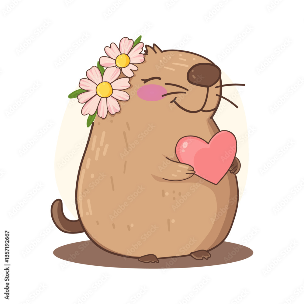 Fototapeta premium Adorable otter holding heart and wearing flowers.