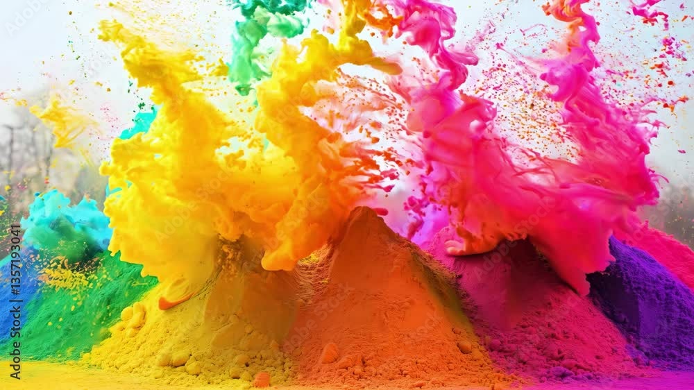 Brightly colored powders burst into the air, creating vivid clouds during a festive gathering in an open area