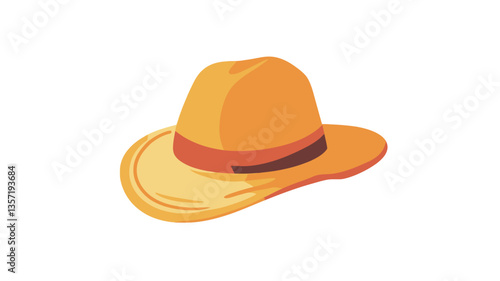 An illustration of a yellow straw hat with a reddish-brown band around the crown.  The hat is depicted in a simple, cartoonish style against a pure white background. The hat's brim is slightly